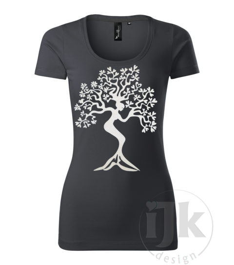 Dámske tmavošedé tričko s potlačou, s bielou glitrovou fóliou, s autorským motívom, motívom je strom s kmeňom v tvare ženskej postavy a s krátkym rukávom.