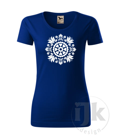 Dámske kráľovské modré tričko s potlačou, s bielou hladkou fóliou, s folklórnym motívom z okolia Trnavy a s krátkym rukávom.