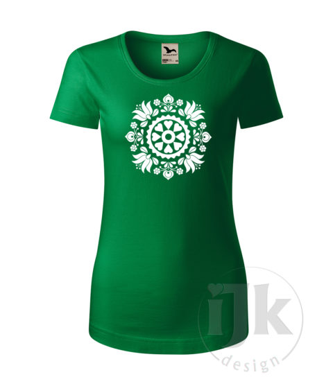 Dámske tmavé zelené tričko s potlačou, s bielou hladkou fóliou, s folklórnym motívom z okolia Trnavy a s krátkym rukávom.
