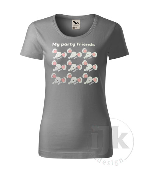 Dámske šedé tričko s potlačou, s bielou hladkou/bielou glitrovou fóliou, s autorským motívom, s motívom deviatich myšiek s menami a štrásovými červenými očkami a s krátkym rukávom.
