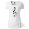 Dámske biele tričko s potlačou, s čiernou hladkou a striebornou glitrovou fóliou, s autorským motívom, s motívom strieborného saxofónu a čierneho husľového kľúča a s krátkym rukávom.