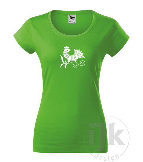 Dámske tričko farba zelené jablko s potlačou, s bielou hladkou fóliou, s folklórnym motívom z Vajnor a s krátkym rukávom.