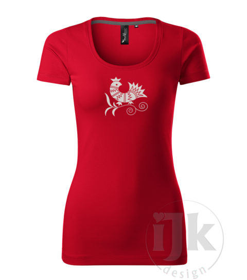 Dámske sýtočervené tričko s potlačou, s blielou glitrovou fóliou, s folklórnym motívom z Vajnor a s krátkym rukávom.