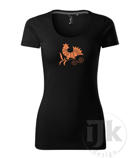 Dámske čierne tričko s potlačou, s oranžovou glitrovou fóliou, s folklórnym motívom z Vajnor a s krátkym rukávom.