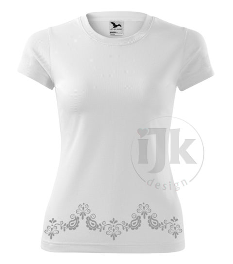 Dámske biele tričko s potlačou, s reflexnou fóliou, s ľudovým motívom z Jablonice a s krátkym rukávom.