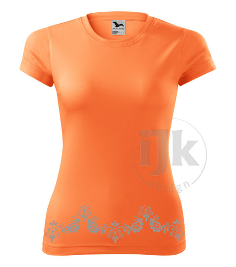 Dámske svetlé neónové oranžové tričko s potlačou, s reflexnou fóliou, s ľudovým motívom z Jablonice a s krátkym rukávom.