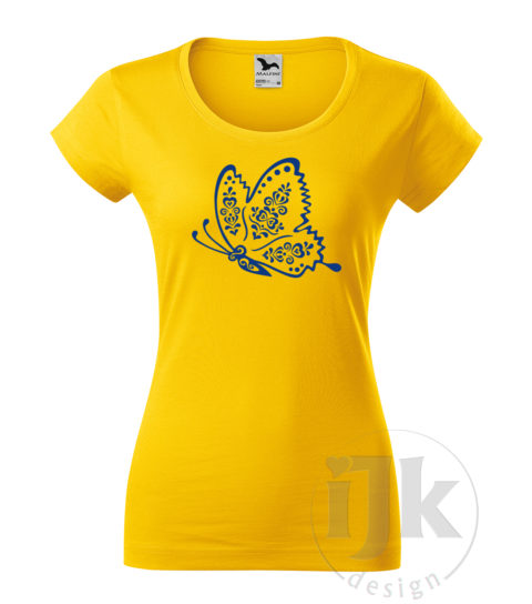 Dámske žlté tričko s potlačou, s modrou hladkou fóliou, s folklórnym motívom zo Šariša a s krátkym rukávom.