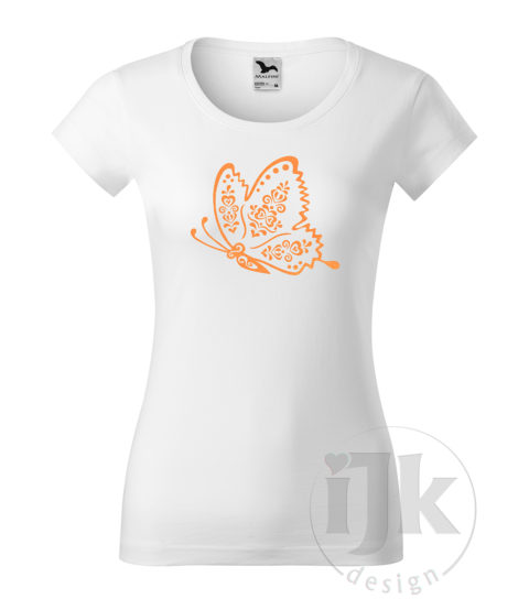 Dámske biele tričko s potlačou, s oranžovou gliltrovou fóliou, s folklórnym motívom zo Šariša a s krátkym rukávom.