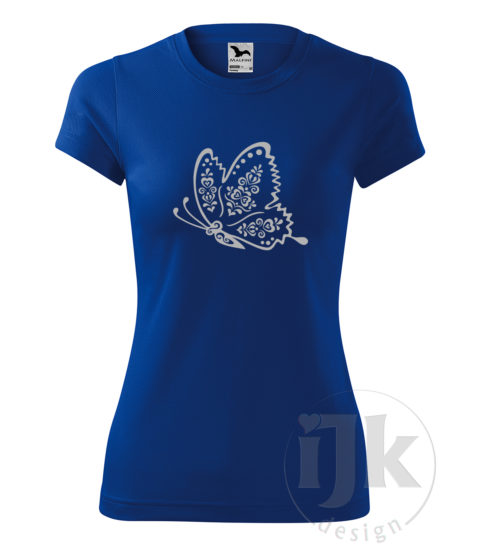 Dámske kráľovské modré tričko s potlačou, s reflexnou fóliou, s folklórnym motívom zo Šariša a s krátkym rukávom.