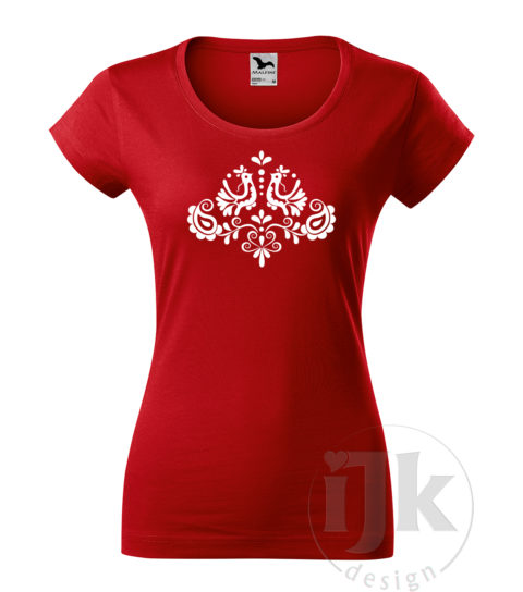 Dámske červené tričko s potlačou, s bielou hladkou fóliou, s ľudovým motívom z Jablonice a s krátkym rukávom.