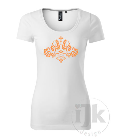 Dámske biele tričko s potlačou, s oranžovou glitrovou fóliou, s ľudovým motívom z Jablonice a s krátkym rukávom.
