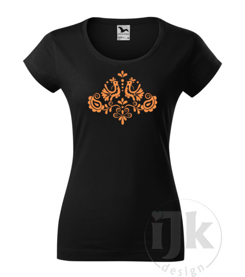 Dámske čierne tričko s potlačou, s oranžovou glitrovou fóliou, s ľudovým motívom z Jablonice a s krátkym rukávom.