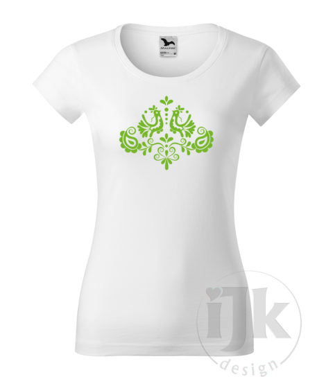 Dámske biele tričko s potlačou, s hladkou fóliou farba zelené jablko, s folklórnym motívom z Jablonice a s krátkym rukávom.