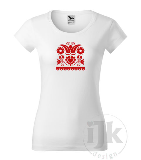 Dámske biele tričko s potlačou, s červenou hladkou fóliou, s folklórnym motívom z Vajnor a s krátkym rukávom.