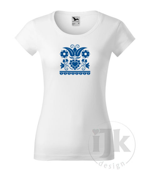 Dámske biele tričko s potlačou, s modrou hladkou fóliou, s folklórnym motívom z Vajnor a s krátkym rukávom.