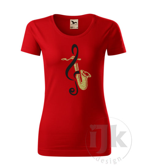 Dámske červené tričko s potlačou, s čiernou hladkou a zlatou glitrovou fóliou, s autorským motívom, s motívom zlatého saxofónu a čierneho husľového kľúča a s krátkym rukávom.