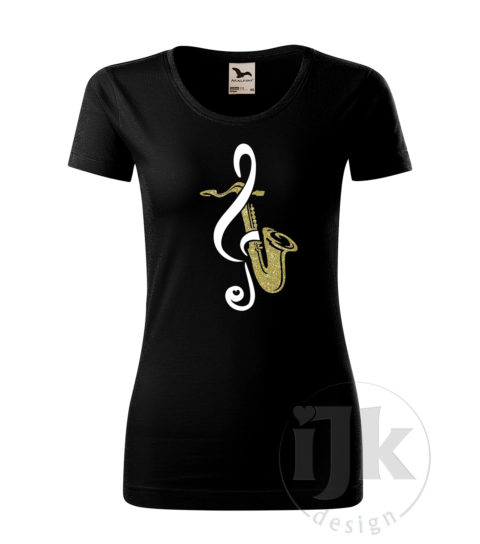 Dámske čierne tričko s potlačou, s bielou hladkou a zlatou glitrovou fóliou, s autorským motívom, s motívom zlatého saxofónu a bieleho husľového kľúča a s krátkym rukávom.
