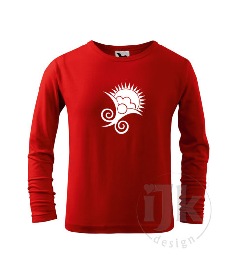 Detské červené tričko s potlačou, s bielou hladkou fóliou, s folklórnym motívom z Vajnor a s dlhým rukávom.