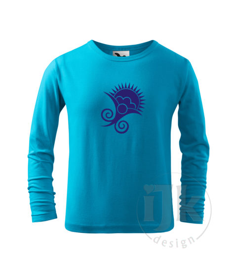 Detské tyrkysové tričko s potlačou, s modrou hladkou fóliou, s folklórnym motívom z Vajnor a s dlhým rukávom.