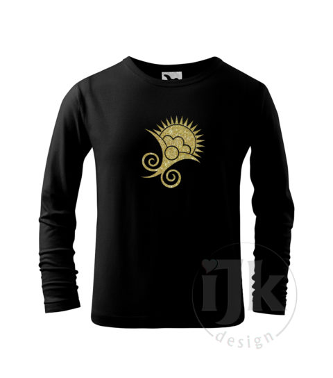 Detské čierne tričko s potlačou, so zlatou glitrovou fóliou, s folklórnym motívom z Vajnor a s dlhým rukávom.