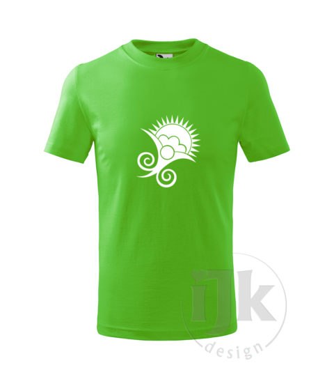 Detské tričko farba zelené jablko s potlačou, s bielou hladkou fóliou, s folklórnym motívom z Vajnor a s krátkym rukávom.
