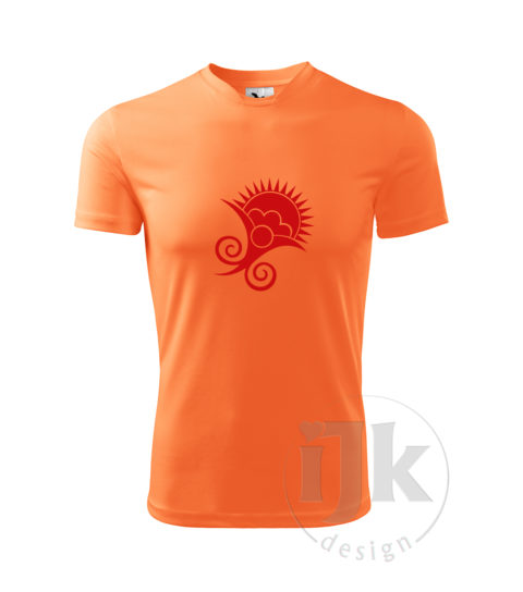 Detské svetlé neónovo oranžové tričko s potlačou, s červnou hladkou fóliou, s folklórnym motívom z Vajnor a s krátkym rukávom.