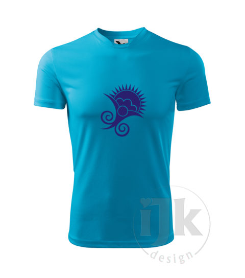 Detské tyrkysové tričko s potlačou, s modrou hladkou fóliou, s folklórnym motívom z Vajnor a s krátkym rukávom.