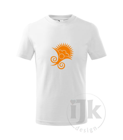 Detské biele tričko s potlačou, s oranžovou hladkou fóliou, s folklórnym motívom z Vajnor a s krátkym rukávom.
