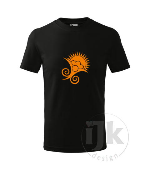 Detské čierne tričko s potlačou, s oranžovou hladkou fóliou, s folklórnym motívom z Vajnor a s krátkym rukávom.