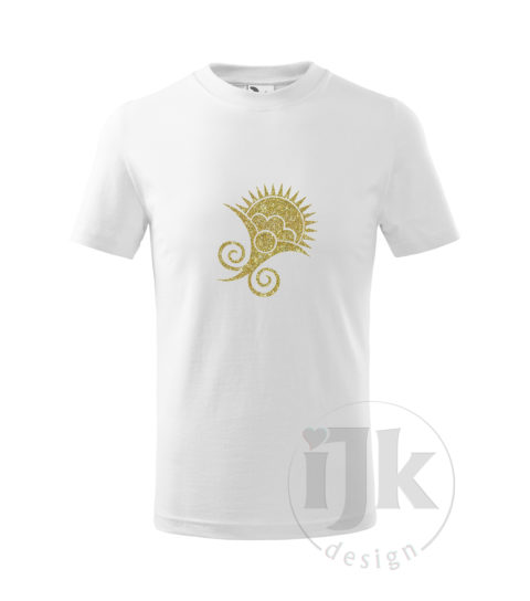 Detské biele tričko s potlačou, so zlatou glitrovou u fóliou, s folklórnym motívom z Vajnor a s krátkym rukávom.