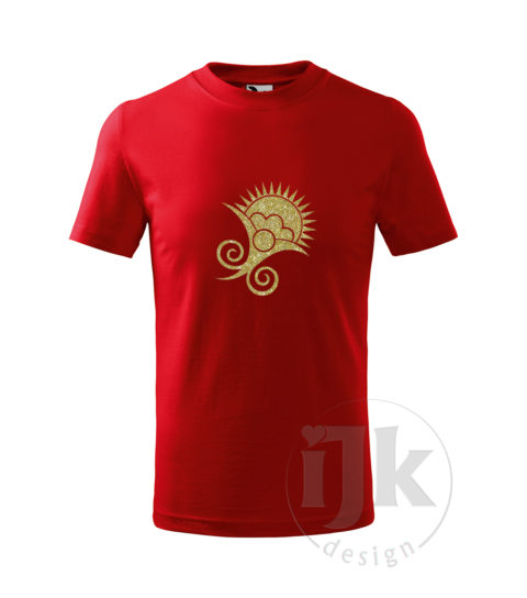 Detské červené tričko s potlačou, so zlatou glitrovou u fóliou, s folklórnym motívom z Vajnor a s krátkym rukávom.