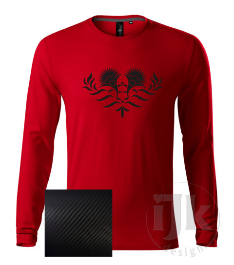 Pánske červené tričko s potlačou, s čiernou carbon fóliou, s folklórnym motívom z Vajnor a s dlhým rukávom.