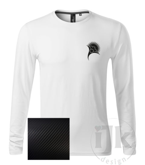 Pánske biele tričko s potlačou, s čiernou carbon fóliou, s folklórnym motívom z Vajnor a s dlhým rukávom.