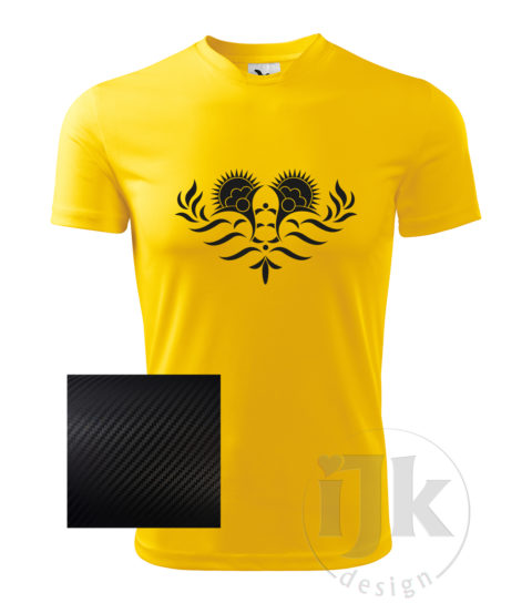 Pánske žlté tričko s potlačou, s čiernou carbon fóliou, s folklórnym motívom z Vajnor a s krátkym rukávom.
