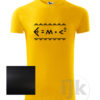 Pánske žlté tričko s potlačou, s čiernou carbon fóliou, s Einsteinovou fyzikálnou rovnicou napísanou čičmianským písmom, s čičmianskym ornamentom a s krátkym rukávom.