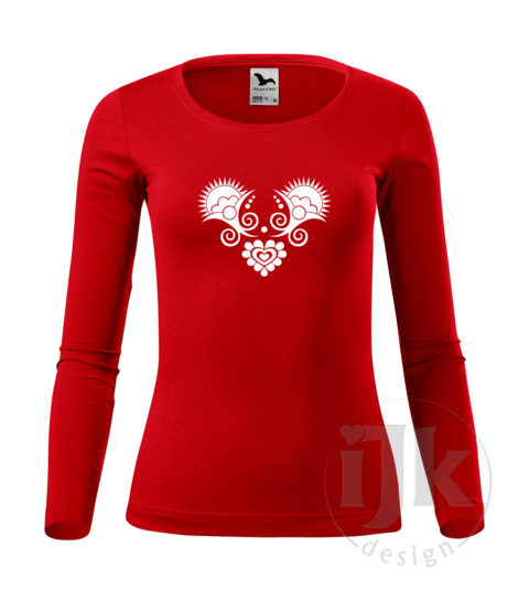 Dámske červené tričko s potlačou, s bielou hladkou fóliou, s folklórnym motívom z Vajnor a s dlhým rukávom.
