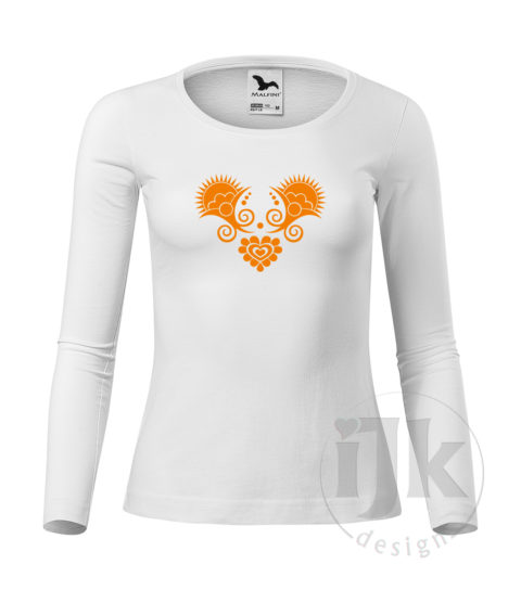 Dámske biele tričko s potlačou, s oranžovou hladkou fóliou, s folklórnym motívom z Vajnor a s dlhým rukávom.