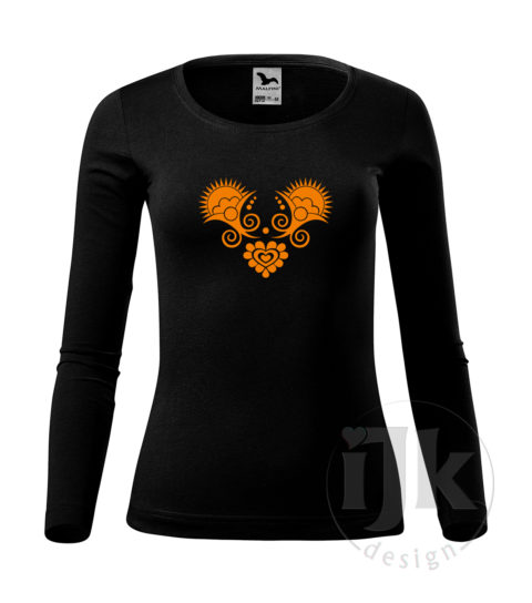 Dámske čierne tričko s potlačou, s oranžovou hladkou fóliou, s folklórnym motívom z Vajnor a s dlhým rukávom.