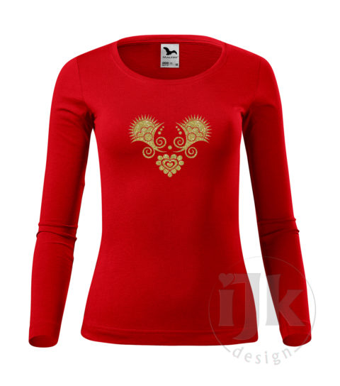 Dámske červené tričko s potlačou, so zlatou glitrovou fóliou, s folklórnym motívom z Vajnor a s dlhým rukávom.