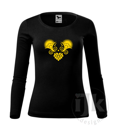 Dámske čierne tričko s potlačou, so žltou hladkou fóliou, s folklórnym motívom z Vajnor a s dlhým rukávom.