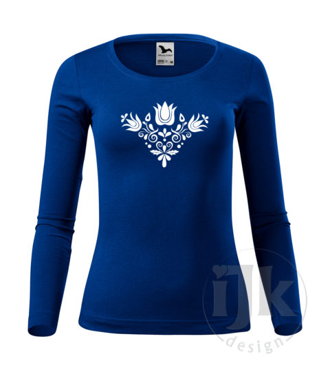 Dámske kráľovské modré tričko s potlačou, s bielou hladkou fóliou, s folklórnym motívom z Jablonice a s dlhým rukávom.