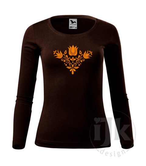 Dámske kávové tričko s potlačou, s oranžovou hladkou fóliou, s folklórnym motívom z Jablonice a s dlhým rukávom.