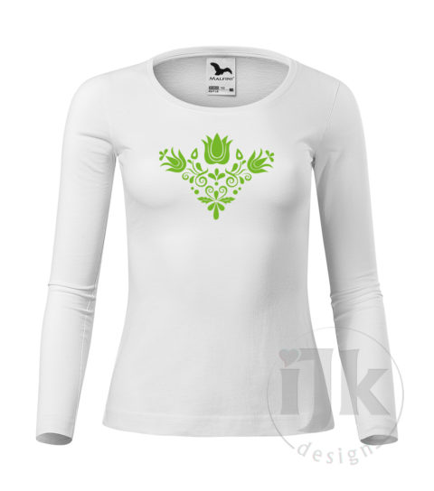 Dámske biele tričko s potlačou, s hladkou fóliou farba zelené jablko, s folklórnym motívom z Jablonice a s dlhým rukávom.