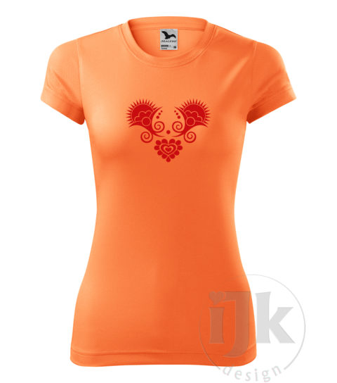 Dámske svetlé neónovo oranžové tričko s potlačou, s červenou hladkou fóliou, s folklórnym motívom z Vajnor a s krátkym rukávom.