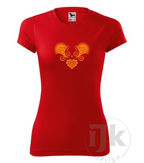 Dámske červené tričko s potlačou, s oranžovou hladkou fóliou, s folklórnym motívom z Vajnor a s krátkym rukávom.