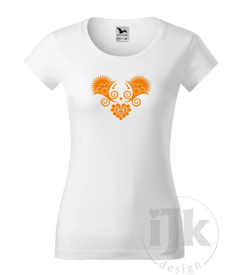 Dámske biele tričko s potlačou, s oranžovou hladkou fóliou, s folklórnym motívom z Vajnor a s krátkym rukávom.