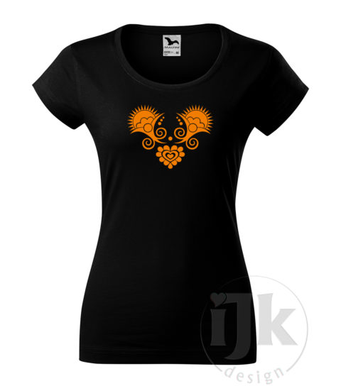 Dámske čierne tričko s potlačou, s oranžová hladkou fóliou, s folklórnym motívom z Vajnor a s krátkym rukávom.