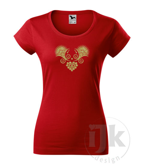 Dámske červené tričko s potlačou, so zlatou glitrovou fóliou, s folklórnym motívom z Vajnor a s krátkym rukávom.