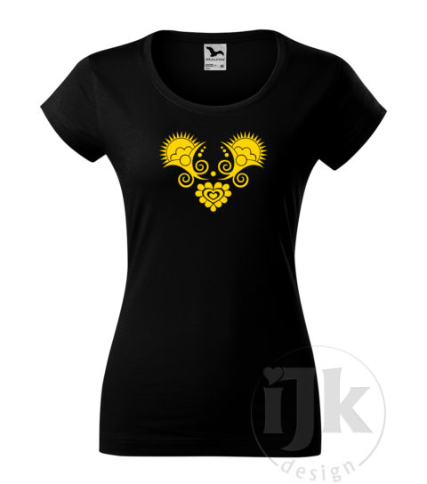 Dámske čierne tričko s potlačou, so žltou hladkou fóliou, s folklórnym motívom z Vajnor a s krátkym rukávom.