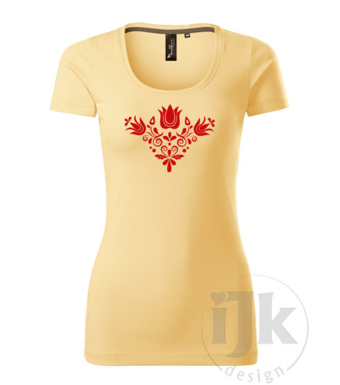 Dámske vanilkové tričko s potlačou, s červenou hladkou fóliou, s folklórnym motívom z Jablonice a s krátkym rukávom.